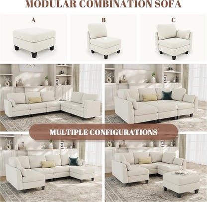 Sectional Sleeper Sofa, 6 Seaters Modular Sleeper Sofa Couch, Comfy Sectionals Couches Bed, Convertible Sofas with Ottomans, Modular Sectional Couches for Living Room, Beige