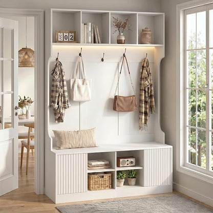 Hall Tree with Bench and Shoe Storage, 5-in-1 Entryway Coat Rack with LED Sensor Light, Hooks and Storage Cubes, Shoe Cabinet with Fluted Door, Modern Hall Tree for Entryway, Living Room