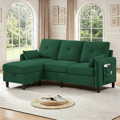 Convertible L-Shaped Sectional Sofa, 3-Seat Sofa Couches with Storage Ottoman & 2 Pillows and Side Storage Pockage, Small Modern Couch for Living Room, Apartment and Office, Green