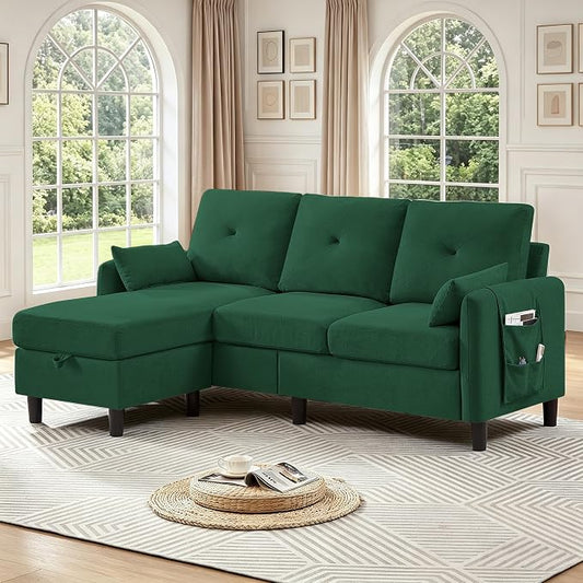 Convertible L-Shaped Sectional Sofa, 3-Seat Sofa Couches with Storage Ottoman & 2 Pillows and Side Storage Pockage, Small Modern Couch for Living Room, Apartment and Office, Green