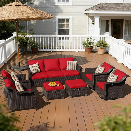 7 Pieces Patio Conversation Furniture Set - 1 Sofa, 2 Armchairs, 2 Ottomans, 2 Swivel Chairs, Outdoor Wicker Furniture with Removable Cushions for Porch, Balcony, Sunroom (Red)