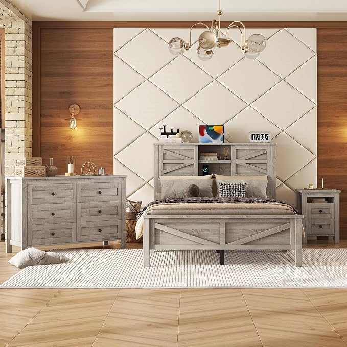 3 Pieces Bedroom Furniture Set Full Size Bed Frame with Storage Headboard and Charging Station, Farmhouse Platform Bed Frames with Nightstand and Dresser, for Bedroom, Living Room (Gray, Full)