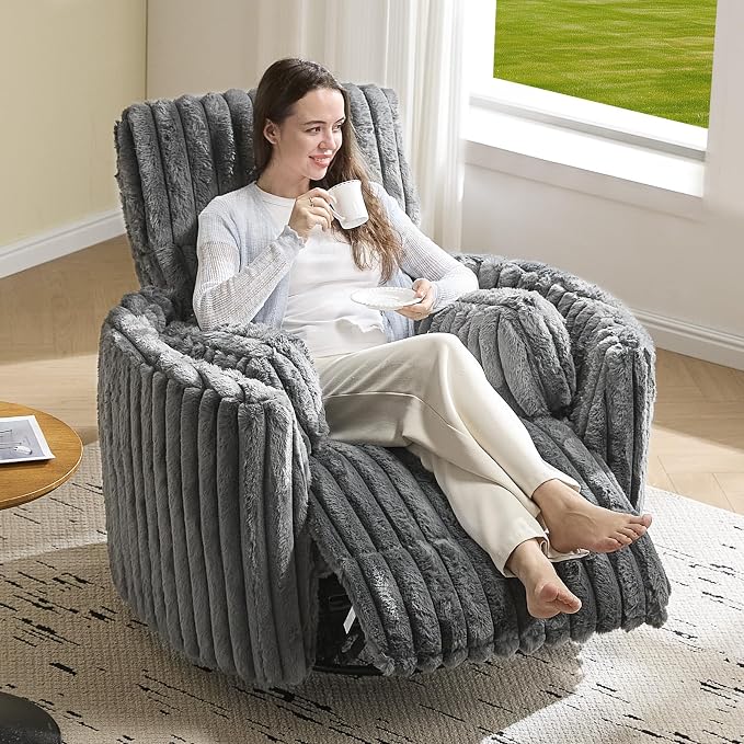 Jocisland Power Recliner Nursery Chair for Adults, Electric Swivel Rocking Glider with USB & Type-C Charge, Plush Corduroy Armchair with 2 Pillows, Cozy Reclining Sofa for Living Room, Bedroom, Grey