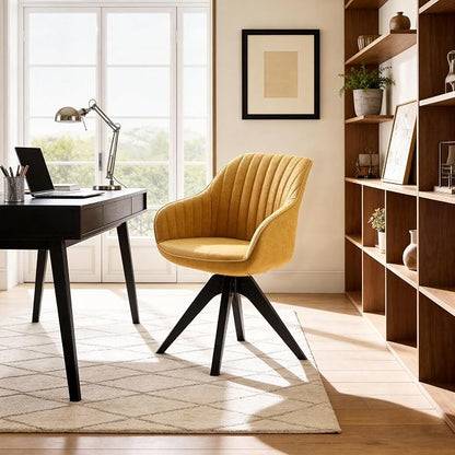 Art Leon Office Chair No Wheels, Mid Century Modern Desk Chair, Swivel Accent Chair with Oak Wood Legs, Faux Leather Upholstered Armchair for Desk, Yellow Brown