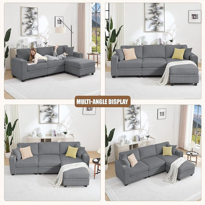97" Modular Sectional Sofa with Storage, Corduroy 4-Seater L-Shaped Sofa with Ottoman Chaise, Cloud Sectional Couches for Living Room, Apartment