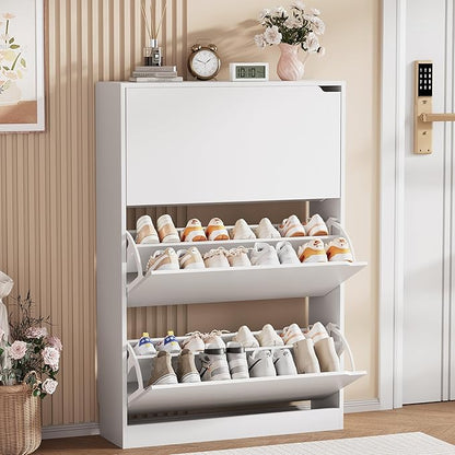 Shoe Storage Cabinet, Wood Shoe Organizer for Entryway with 3 Flip Drawers, Freestanding Shoe Rack with Adjustable Shelf, Narrow Shoe Dresser for Front Door Entrance (White, 3 Drawers)