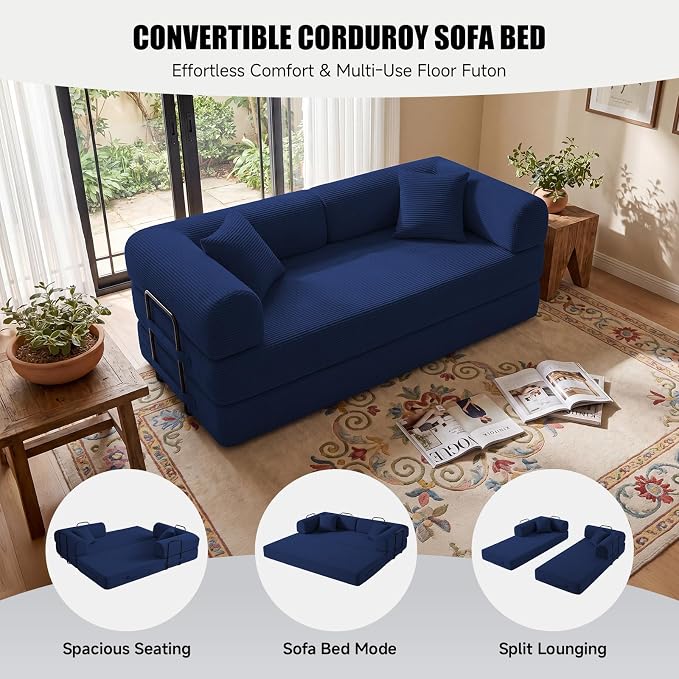 79" Convertible Sleeper Sofa Bed, Corduroy Boneless Fold-Out Couch in a Box, 4-in-1 Loveseat/Futon Couch, High-Density Foam, No Assembly, Side Pockets, 2 Pillows for Small Spaces, Blue
