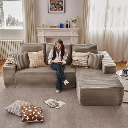 107" Cloud Sectional Couch with L-Shape Chaise, Modern Modular Comfy Sofa Chaise Longue, Upholstered Corduroy Couches Sleeper with Deep Seat for Living Room Bedroom, No Assembly Required, Camel