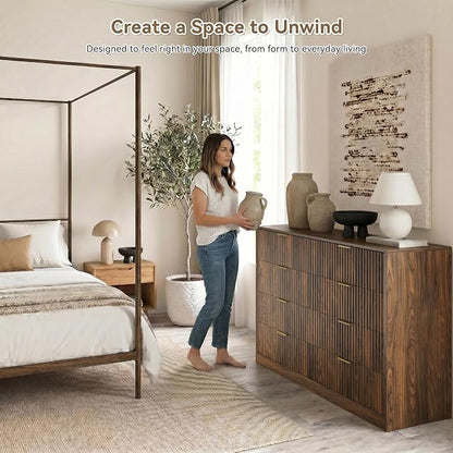 Walnut 8 Drawer Dresser for Bedroom, 55" Wide Fluted Chest of Drawers with Gold Metal Handles, Modern Wooden Dresser, Closet Storage Organizer Mid Century TV Stand for Living Room Hallway