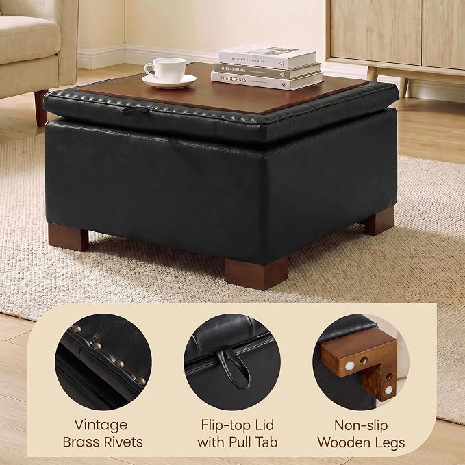 30 Inch Square Storage Ottoman Coffee Table, Modern Tufted Upholstered Ottoman with Flip Tray and Solid Wood Legs, Suitable for Living Rooms, Faux Leather Black