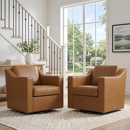 Swivel Accent Chair, Modern Round Barrel Arm Chair for Living Room, Bedroom, Comfy Club Reading Chairs for Adults (Leather Brown, Set of 2)