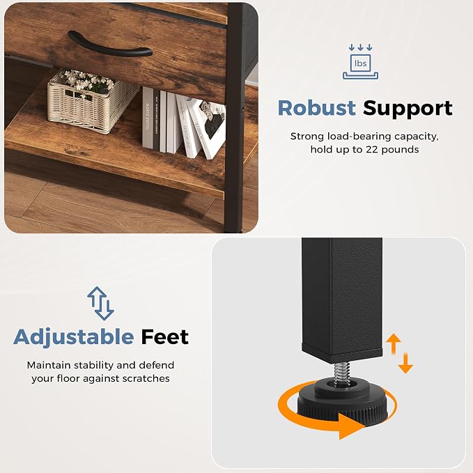 DUMOS 3-Tier Storage, Bed Side Tables with Wireless Charging Station, End Tables with Adjustable Fabric Drawers, Nightstand Set of 2, Modern Design, Brown