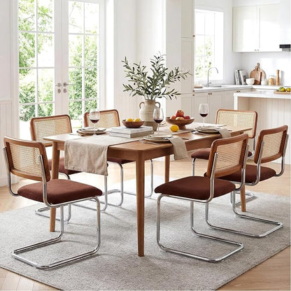 Zesthouse Rattan Dining Chairs Set of 6, Mid Century Modern Dining Room Chairs with Natural Cane Mesh & Chrome Base, Brown Cesca Chair Chenille Fabric, Farmhouse Kitchen Chair with Solid Wood Back
