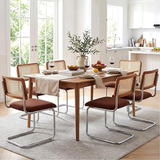 Zesthouse Rattan Dining Chairs Set of 6, Mid Century Modern Dining Room Chairs with Natural Cane Mesh & Chrome Base, Brown Cesca Chair Chenille Fabric, Farmhouse Kitchen Chair with Solid Wood Back