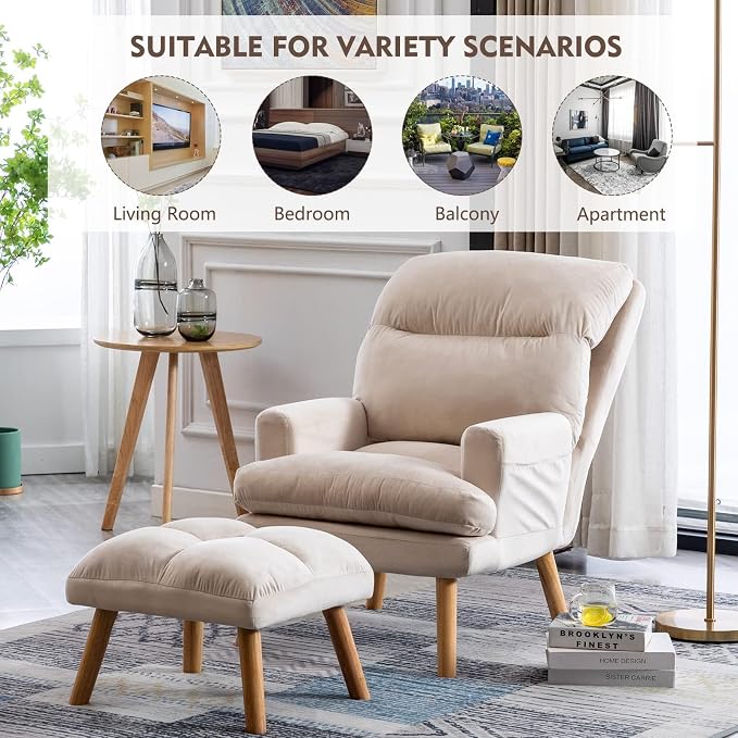 CANMOV Modern Accent Chair with Ottoman Set of 2, Soft Fabric Armchair with Adjustable Backrest and Side Pockets, Comfy Lounge Chair for Living Room, Bedroom, Apartment, Office, Beige