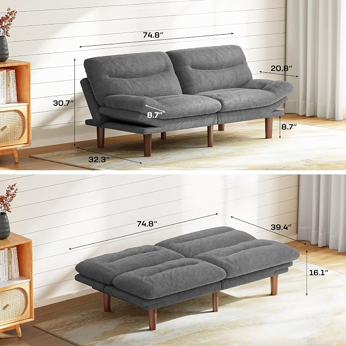 Marsail 75" Convertible Futon Sofa Bed, Corduroy Futon Couch with Adjustable Backrest & Armrests, Small Sleeper Sofa Loveseat for Living Room, Apartment, Office, Light Gray