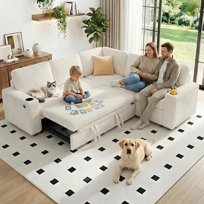 Sectional Sleeper Sofa with Pull Out Bed, Plush Corduroy L Shaped Corner Couch with Storage, USB Ports, Cup Holders, Comfy Sectional Couches for Living Room, White