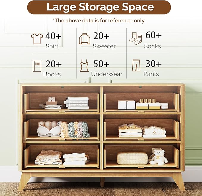 VINGLI Fluted Dresser for Bedroom, 6 Drawer Dresser w/Rounded Edges, Mid Century Modern Dressers Natural Wood Color, 46.8" W*15.6" D*31" H