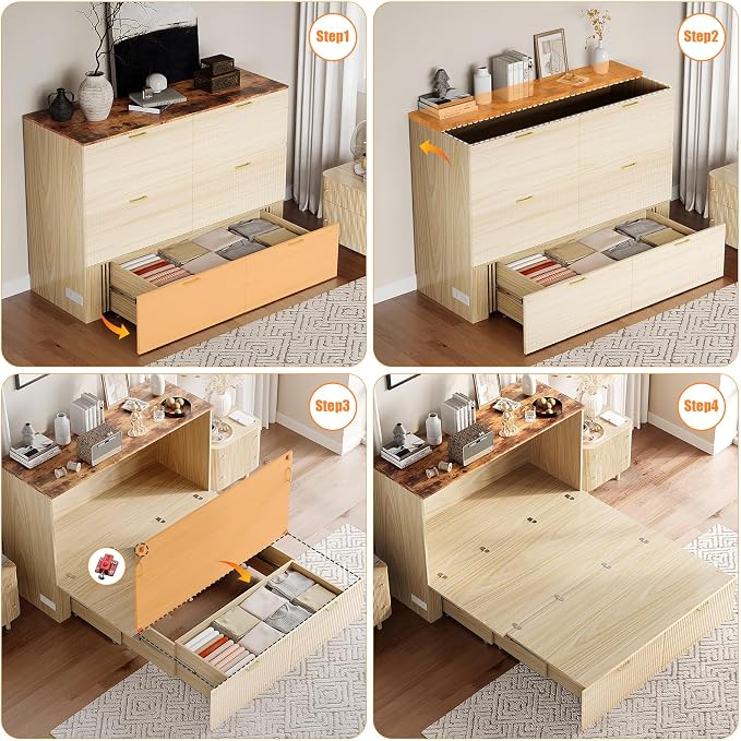 VINGLI Full Murphy Bed with Storage Drawer,2 Charging Station,Fluted Wooden Foldable Bed Cabinet,Boho,Hideaway Paltform Panel Bed for Small Spaces,Guest Room,Office,Apartment,Beige