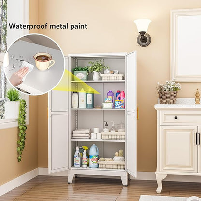 White Metal Storage Cabinet, 48" Steel Cabinets for Home Office | Kitchen Pantry Storage Cabinet with Doors and 3 Adjustable Shelves, for Office, Home, Garage, School