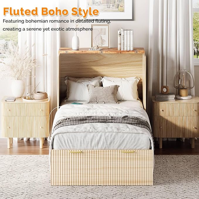 VINGLI Twin Murphy Bed with Storage Drawer,Fluted Wooden Foldable Bed Cabinet with Charging Station,Boho,Hideaway Paltform Panel Bed for Small Spaces,Guest Room,Office,Apartment,Beige