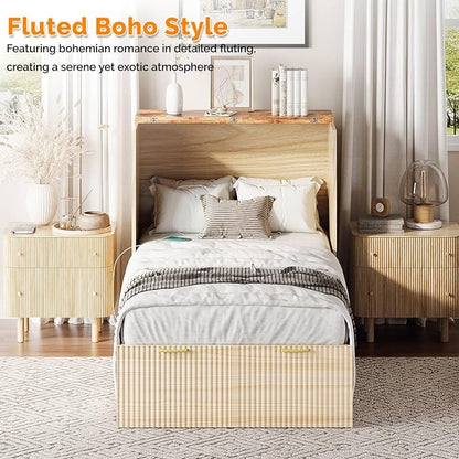 VINGLI Twin Murphy Bed with Storage Drawer,Fluted Wooden Foldable Bed Cabinet with Charging Station,Boho,Hideaway Paltform Panel Bed for Small Spaces,Guest Room,Office,Apartment,Beige