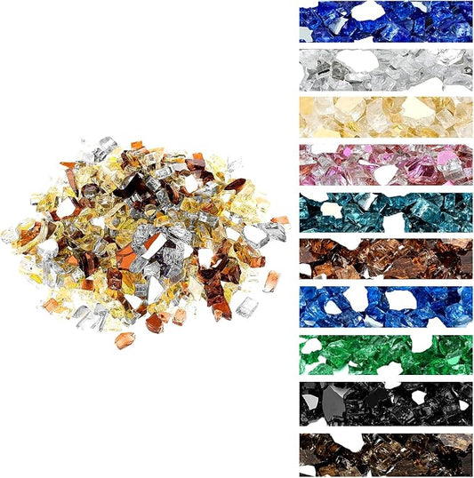 Onlyfire 10 lbs Fire Glass Rocks 1/4 Inch, Reflective Tempered Glass for Propane Fire Pit & Gas Fireplace, High Luster Firepit Glass Stones for Fire Table, Gold+Platinum+Copper