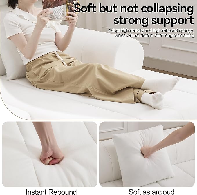 119'' Curved Boneless Sofa Couch, 3 Seat Cloud L Shaped Deep Seat Couches for Living Room, No Assembly Modular Sofa with Right Chaise Lounge, White
