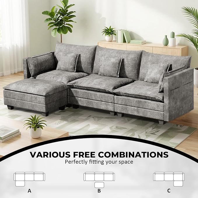 LEVELEVE 112.5" L-Shape Modular Sofa with 1 Ottomans, Deep Seat Cloud Convertible Sleeper, 3 Throw 2 Arm Pillows, Cozy Upholstered Furniture for Living Room Apartment, Dark Grey