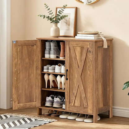 Homleke Farmhouse Shoe Cabinet with 2 Barn Doors & Wood Legs, 5-Tier Shoe Storage Cabinet with 3 Adjustable Shelves, Tall Shoe Rack Organizer for Closet, Shoe Organizer for Entryway, Rustic Walnut