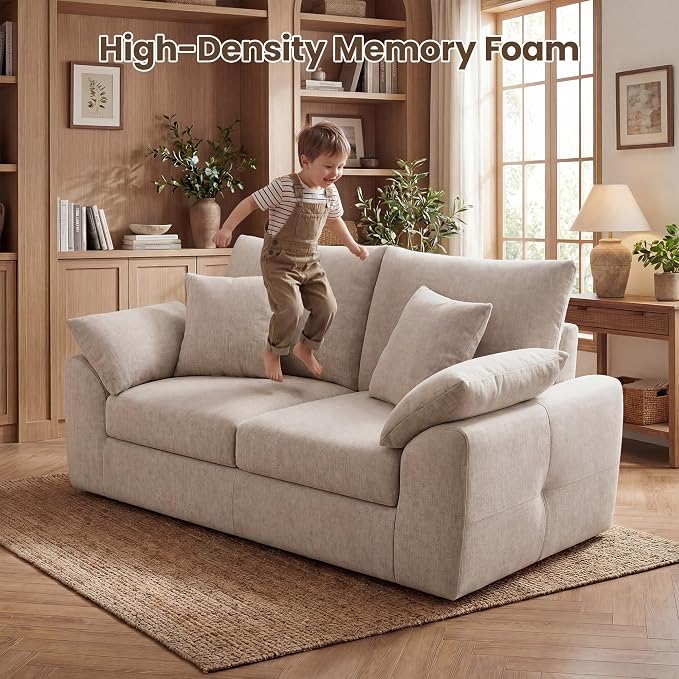 75.6" Boneless Loveseat Sofa, Polyester Fabric 2-Seater Couch with 4 Pillows, No Assembly Required, Soft High Density Foam Cushion, Rectangular Track Arm Sofa for Living Room Bedroom Apartment (Camel)