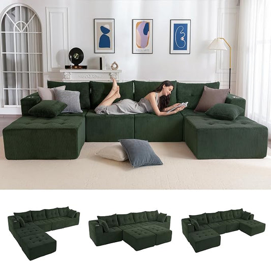 MAXYOYO 129.5" Modular Sectional Sofa Couch, U Shaped Modern Cloud Couch, Sofa in A Box, Tufted 6-Seat Boneless Lounger for Living Room, No Assembly Required, Dark Green