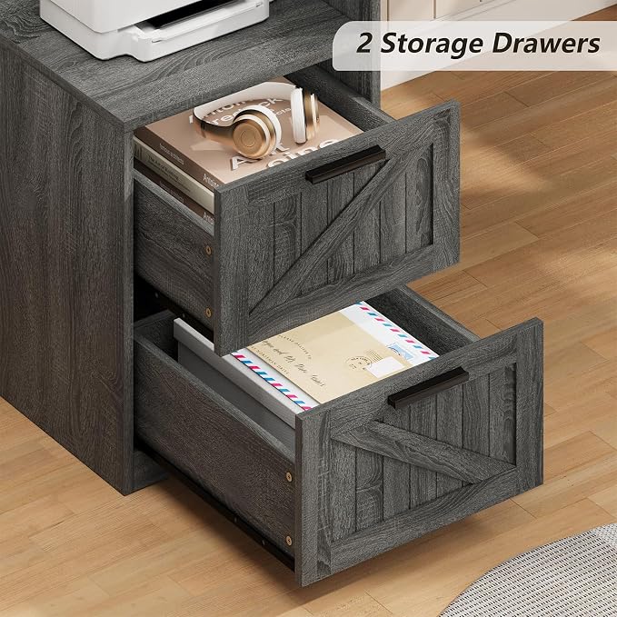 YOMILUVE 63" Farmhouse L Shaped Executive Desk with Drawers & Storage Shelf, Corner Computer Desk with Power Outlets, L Shaped Office Desk with Monitor Stand, Printer Shelf, Dark Gray