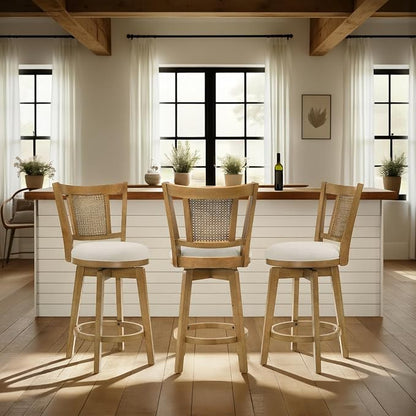 Armen Living Isla 30 in. Amber Glow Bar Height Rubberwood Swivel Barstool with Ivory Fabric Seat - Set of 3
