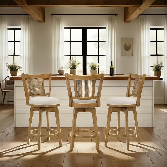 Armen Living Isla 30 in. Amber Glow Bar Height Rubberwood Swivel Barstool with Ivory Fabric Seat - Set of 4