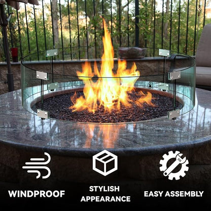 Skyflame 47" Round Fire Pit Glass Wind Guard, Thick & Clear Tempered Glass Fire-Resistant Wind Screens with Bracket & Feet, for Outdoor Fire Table/Fire Pit Pan
