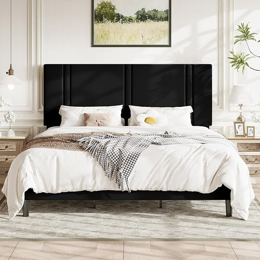 Allewie King Size Platform Bed Frame with Adjustable Headboard, Plush Velvet Upholstered, Vertical Channel Tufted, Sturdy Wooden Slats, No Box Spring Needed, Easy Assembly, Black