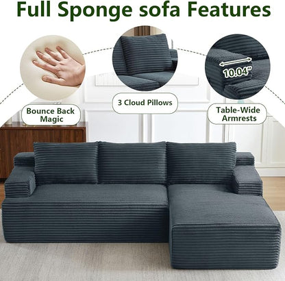 96" Modular Sectional Sofa, Modern Corduroy Cloud Couch, Boneless Couch Upholstered 3-Seater L-Shaped Sofa for Living Room, No Assembly Required (Dark Grey, Right-Facing Chaise)