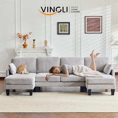 VINGLI 108" W U-Shaped Sectional Couches for Living Room, Sturdy Wooden Armrest Corduroy Cloud Couch with Double Chaise, High Support Modern 4-Seat Sectional Sofa for Apartment, Offices, Light Grey