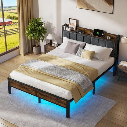 ALBERTO Queen Size Bed Frame with LED Lights, Upholstered Headboard with Storage and Charging Station, Metal Platform with Slats, No Box Spring Needed, Easy Assembly