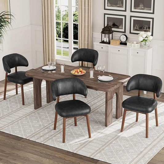 MALOL Wooden Dining Chairs Set of 4, Modern Upholstered Dining Room Chair, PU Leather Kitchen Side Chairs with Curved Open Back for Living Room/Restaurant/Cafe, Black