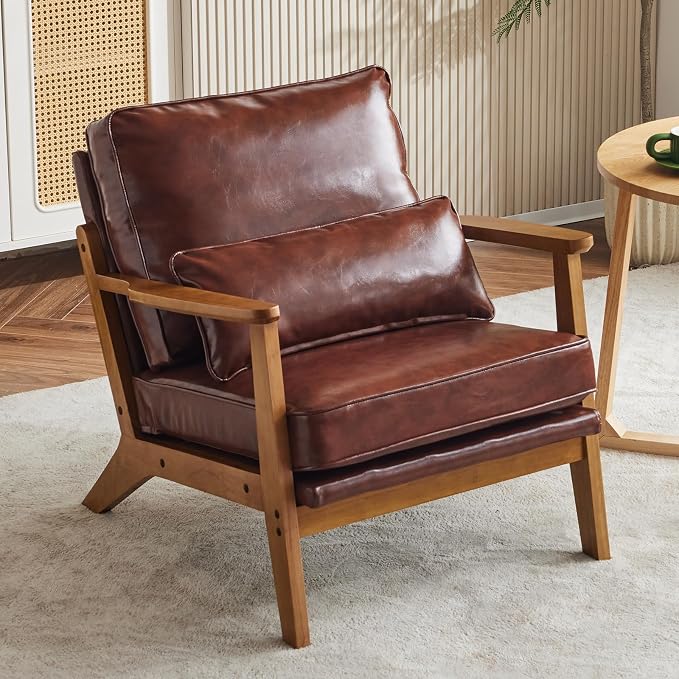 Karl home Mid-Century Lounge Accent Chair, Red-Brown | Wide Curved Armrest, PU Leather, Lumbar Pillow Included, Solid Wood Frame, For Living Room, Bedroom, Balcony, Apartment