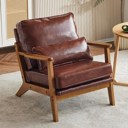 Karl home Mid-Century Lounge Accent Chair, Red-Brown | Wide Curved Armrest, PU Leather, Lumbar Pillow Included, Solid Wood Frame, For Living Room, Bedroom, Balcony, Apartment