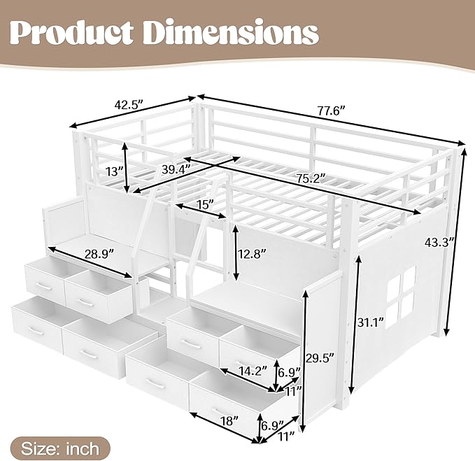 Bellemave Twin Size Low Loft Bed with 8 Fabric Storage Drawers for Kids,Metal Loft Bed Frame with Shelves and LED Lights for Boys Girls,Kids Loft Bed Twin Size,White