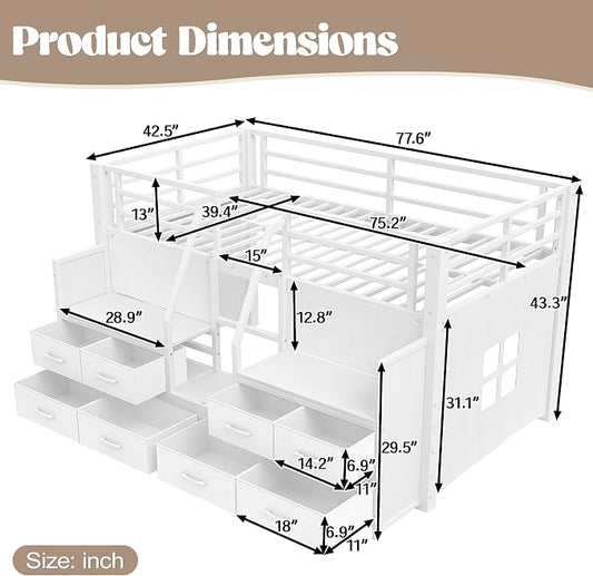 Bellemave Low Loft Bed Twin Size with Storage Shelves & Fabric Drawers, Metal Twin Loft Bed for Kids with LED Lights & Under-Bed Play Area, Low Loft Bed Frame for Bedroom, No Box Spring Needed, White