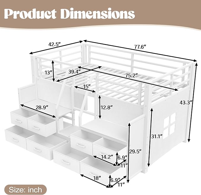 Bellemave Twin Size Loft Bed with 8 Non-Woven Fabric Storage Drawers and Bookshelf, Low Loft Bed with Lights and Private Play Curtain, Twin Loft Beds with High Rails, Noise Reduced White