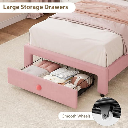Garvee Twin Bed Frame with Storage, Upholstered LED Bed Frame with Headboard, Cute Velvet Platform Bed Frame for Kids, Girls, Solids Wood Slats Support, No Box Spring Needed, Easy Assembly, Pink