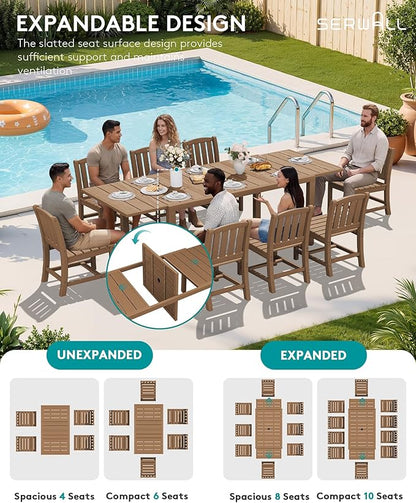 SERWALL Outdoor Patio Dining Set for 8, Brown | 60" - 83" Expandable Outdoor Dining Table and 8 HDPE Chairs, All Weather Material Outdoor Furniture Set Backyard, Garden