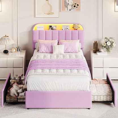 GarveeHome Twin XL Bed Frame with Storage Headboard, Kids Bed Frame with 2 Drawers, Velvet Upholstered Platform Bed Frame with Lights, No Box Spring Needed, Easy Assembly, Velvet Purple