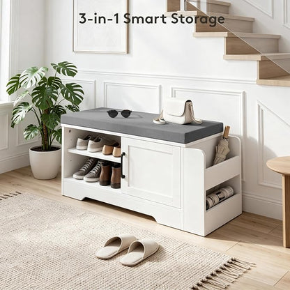GRUSIGN 27.8" Shoe Storage Bench with Cushion, Entryway Shoe Cabinet, White | 3-in-1 Shoe Storage Bench, Adjustable Shelves, Removable Cushion, 300 lbs Capacity, Entryway, Apartment, Families